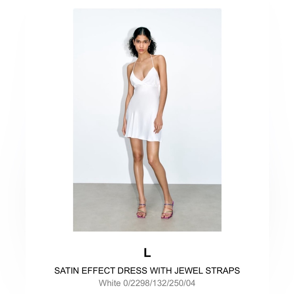 ZARA Satin Effect Dress with Jewel Straps; Size: L; Color: White